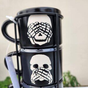 NEW Ceramic Skeleton Espresso Mugs Mug Set of 4 Stacking Stackable Black Stonewa